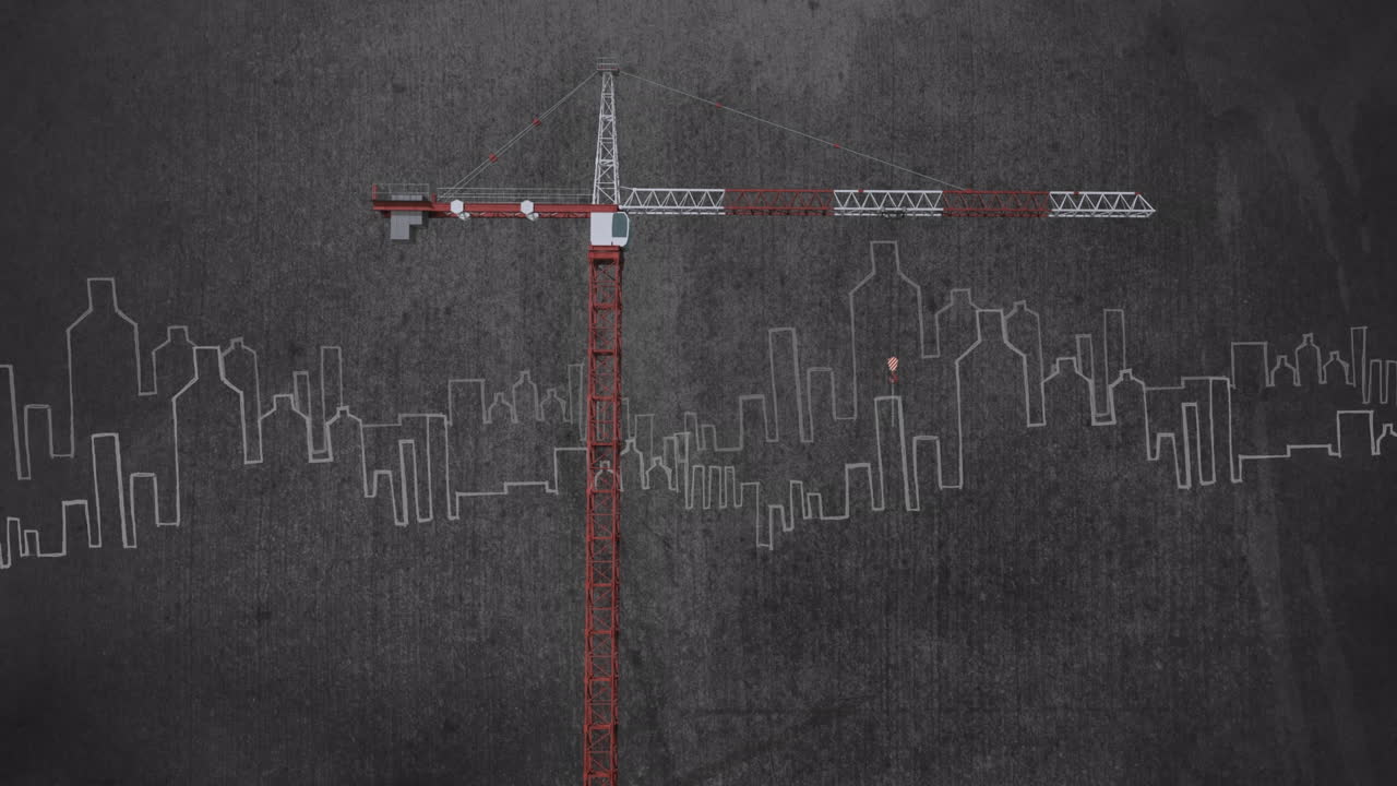 animación de grulla roja y blanca sobre el paisaje urbano sobre un fondo gris