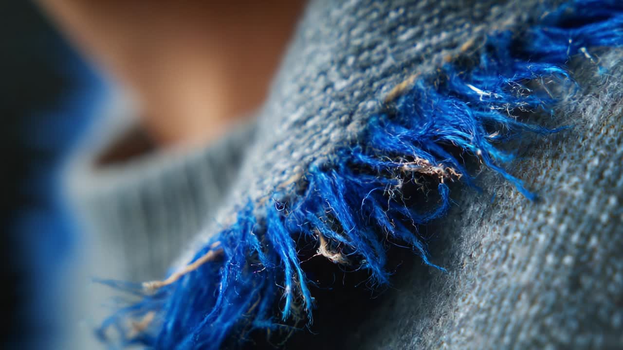 Close-Up of a Fringed Sweater Detail Capturing the Texture and Color Contrast of Blue Threads Against a Soft Gray Fabric, Highlighting the Craftsmanship and Style Elements in Garment Design