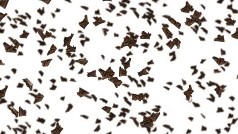 volando muchas piezas de chocolate en fondo negro. alimentos y dulces. leche y oscuro. animación de bucle 3d de chocolate girando.