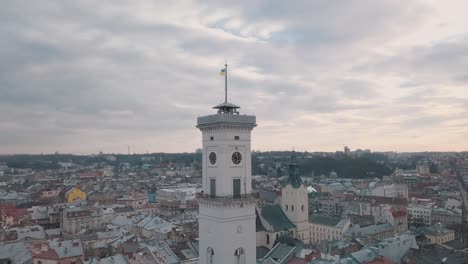 Aerial-panorama-of-the-ancient-european-city-Lviv,-Ukraine.-Town-Hall,-Ratush