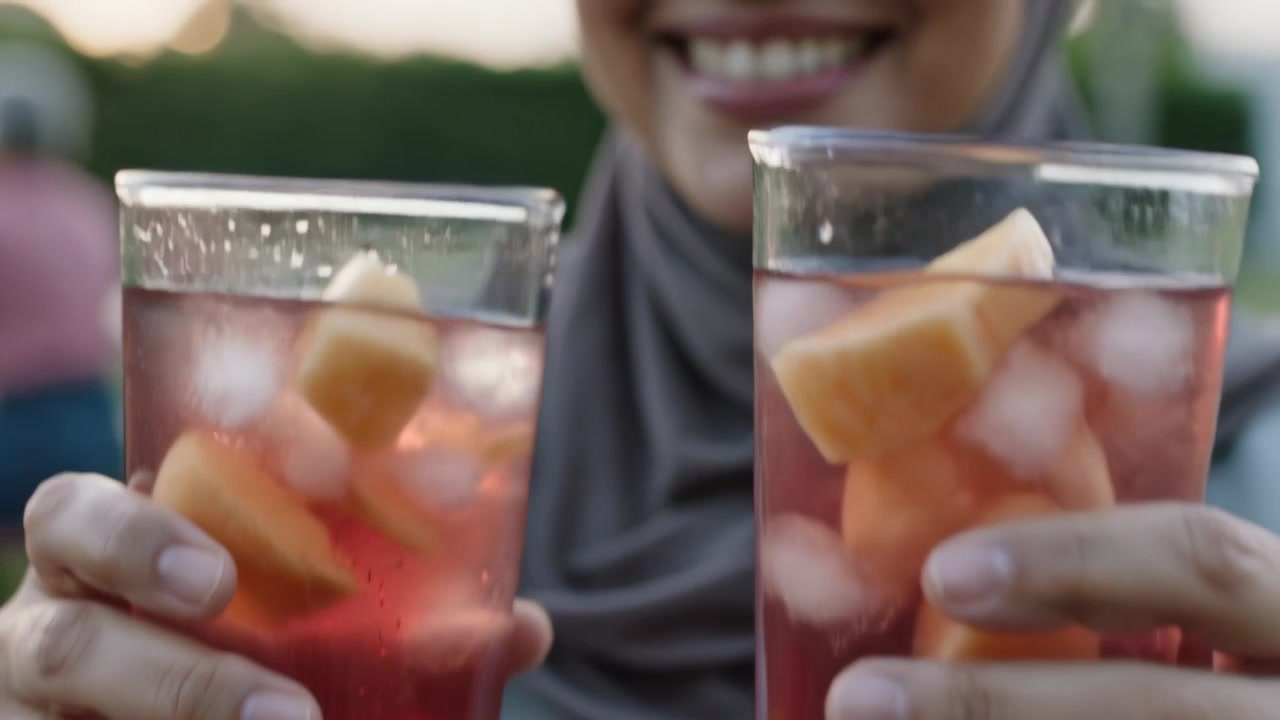 Camera pulling back revealing hijabi woman offering two glasses with ice in yard sipping red drink