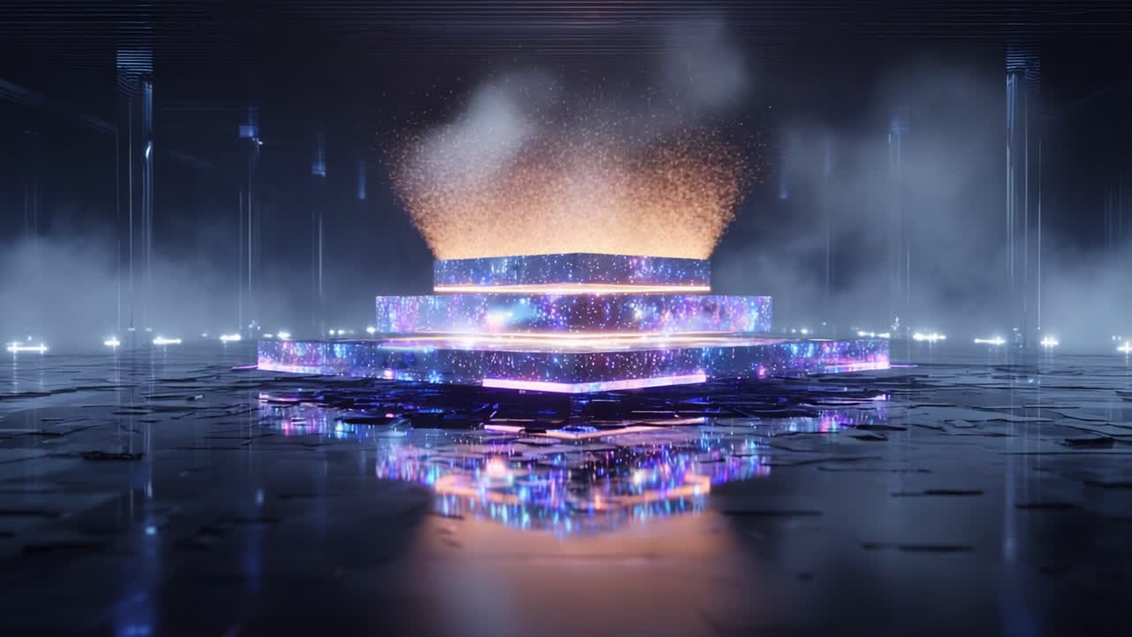 Ethereal Glowing Structure Surrounded by Mist and Sparkles in a Dark Environment, Creating a Magical Atmosphere with Shimmering Lights and Reflective Surfaces