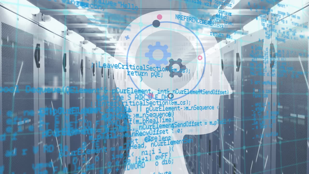 Animation of head with cogs and data processing over server room