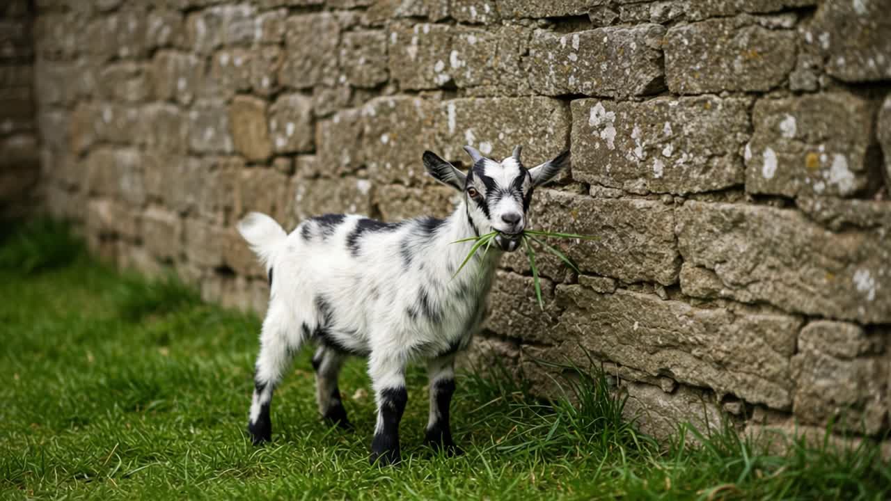 A Playful Goat Grazes Contentedly Alongside a Stone Wall, Enjoying Fresh Grass in a Picturesque Pastoral Setting