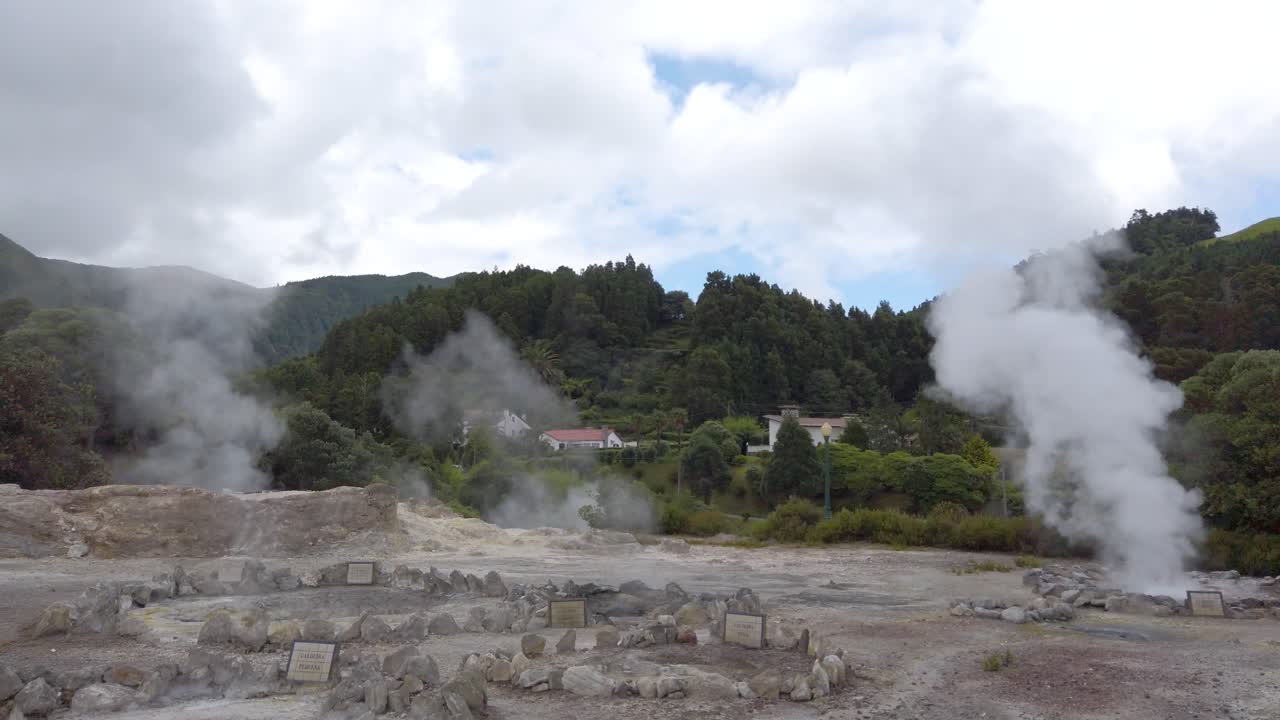 Tilting and panning shot of Active Geysers fuming at natural landmark &amp;quot;Caldeiras das Furnas&amp;quot; in Furnas, San Miguel Island, Azores, Portugal