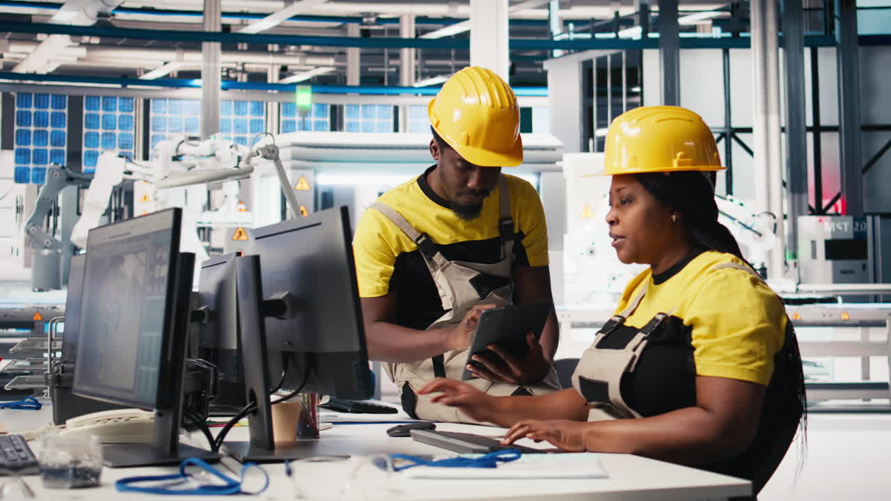 Vertical Video African american workers checking up on manufacturing equipment