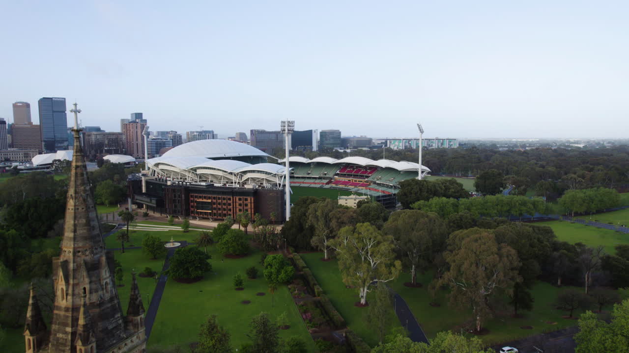 Aerial view over St Peter's Cathedral, toward Oval stadium, Adelaide