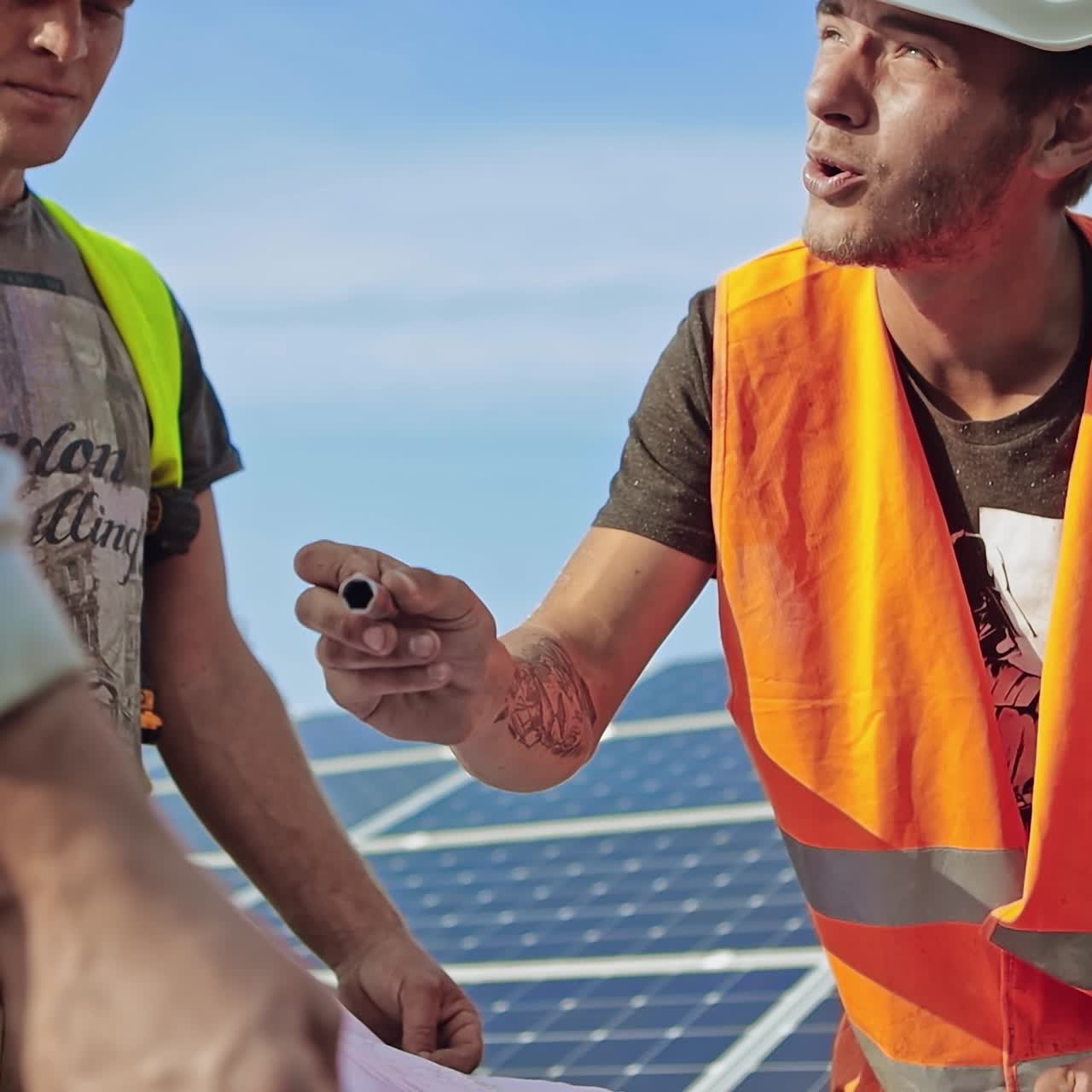 Workers in protective uniform on the solar farm. Male engineers looking at the project plan and talking about renewable energy in a sunny summer day. Slow motion.