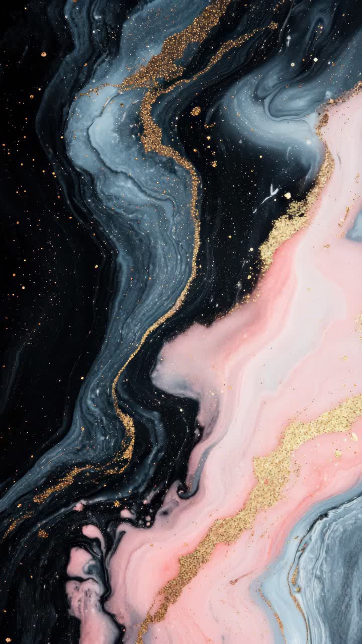 Abstract video concept with a top-down angle, showcasing swirling pink, black, and gold marbling