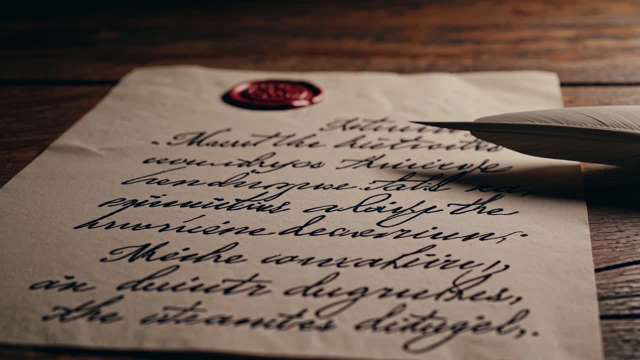 Close-up video of a vintage letter with elegant handwriting, a quill pen, and a wax seal, shot