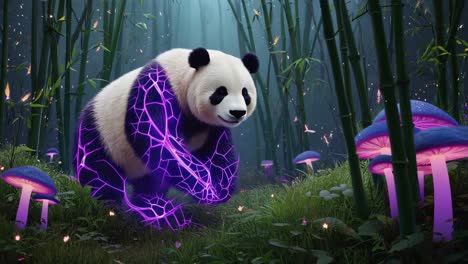 mystical glowing panda in an enchanted bamboo forest