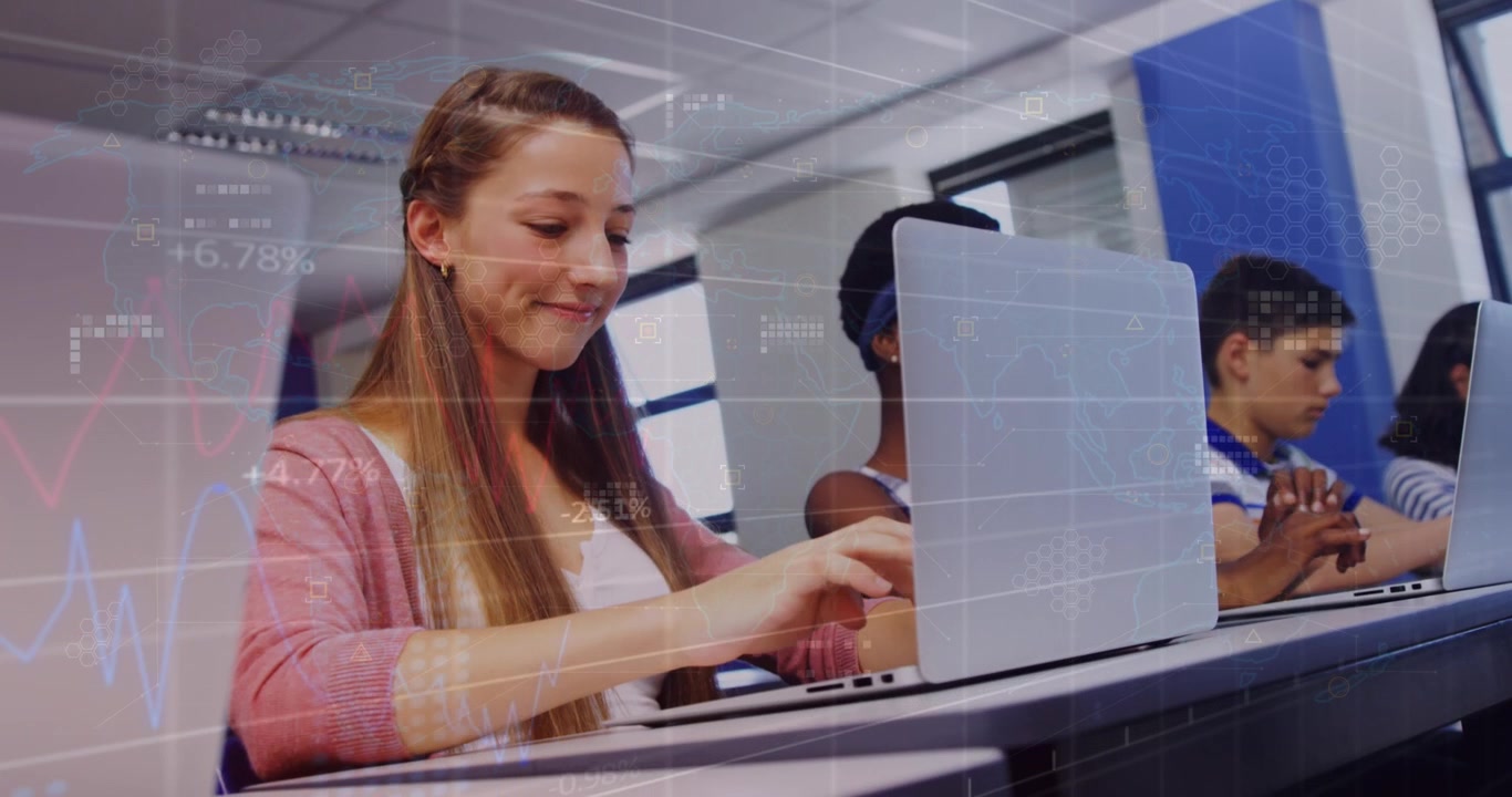 Animation of trading board over caucasian teacher with multiracial students using laptops in class