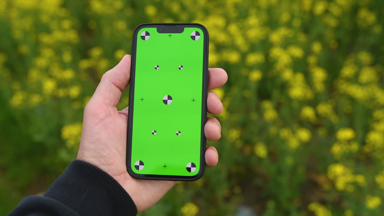 granjero sosteniendo un teléfono inteligente de pantalla verde maqueta en un campo de colza floreciente