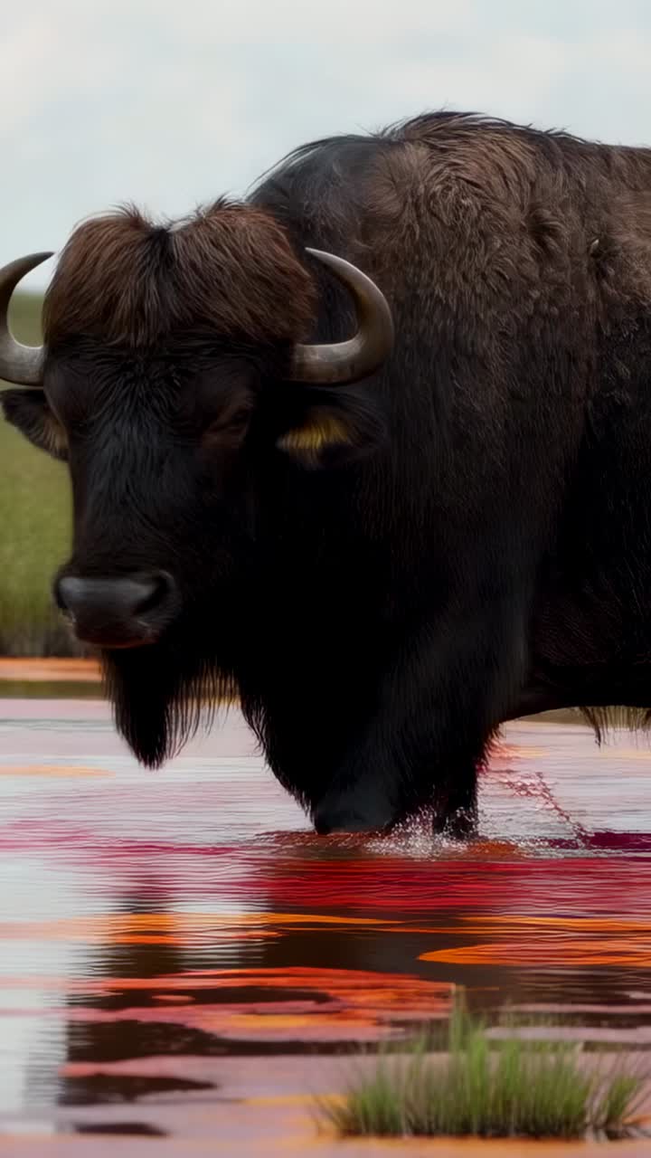 Video verticale: bisonte americano che solleva la zampa anteriore e fruga in una palude poco profonda, creando increspature rosse