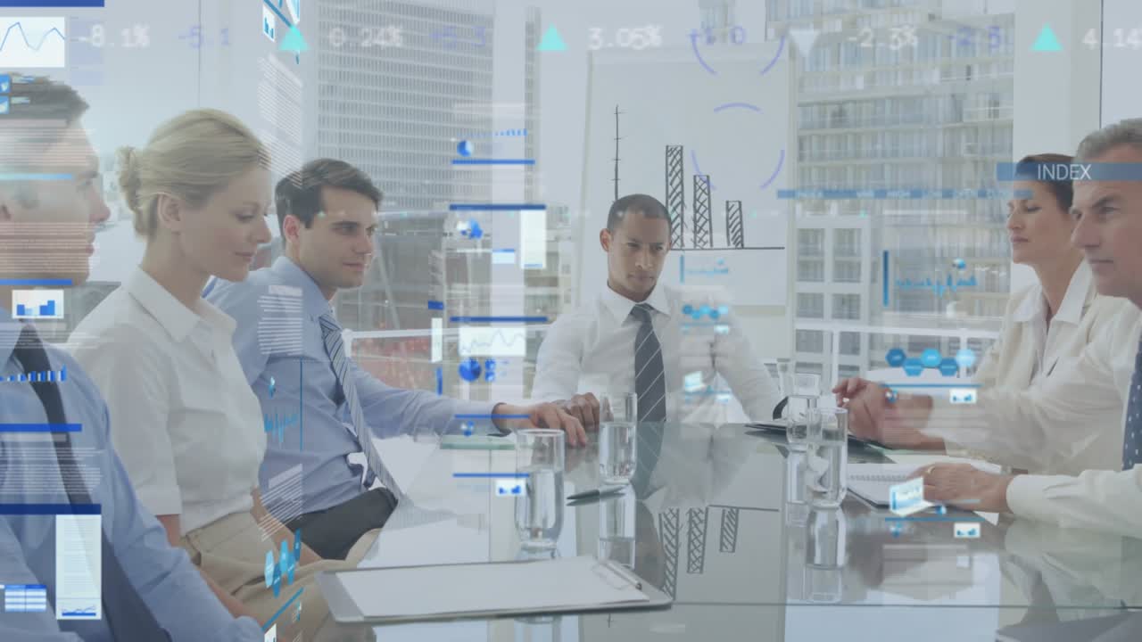 Animation of statistics and financial data processing over diverse business people