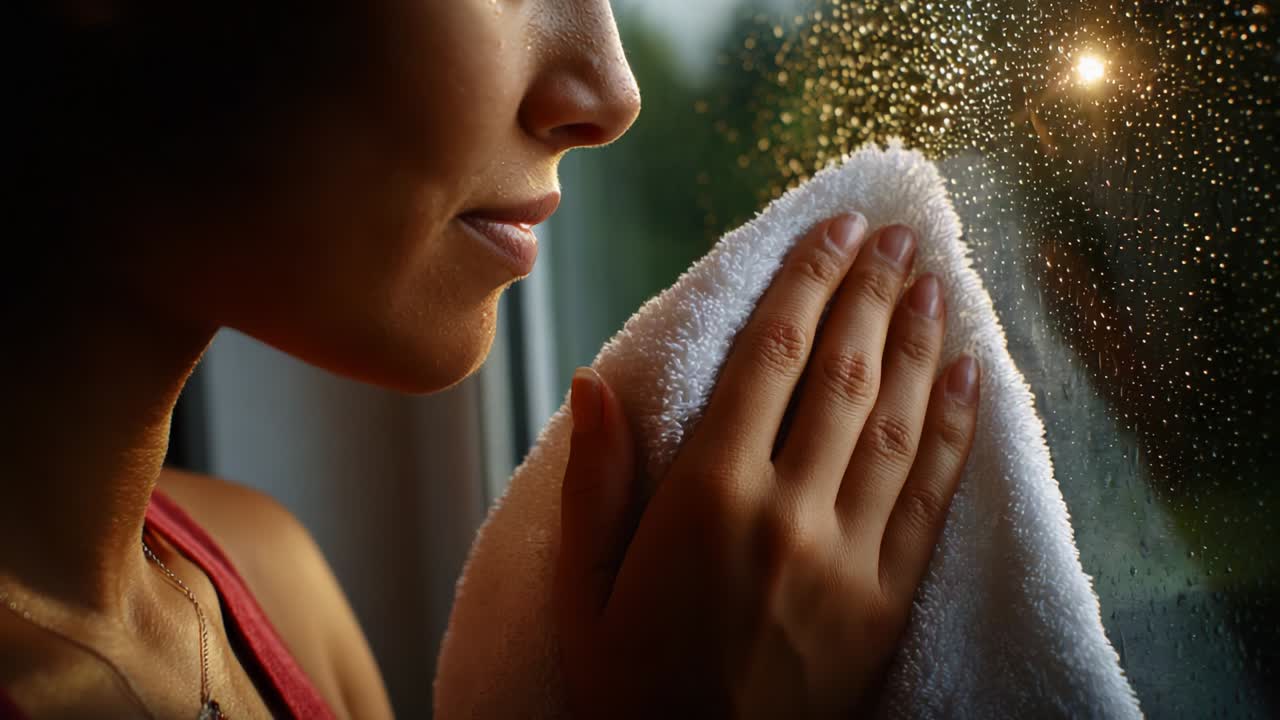 A contemplative moment captured in soft light, showcasing a woman gently wiping raindrops from a window, reflecting her introspective mood and the beauty found in stillness and quiet moments