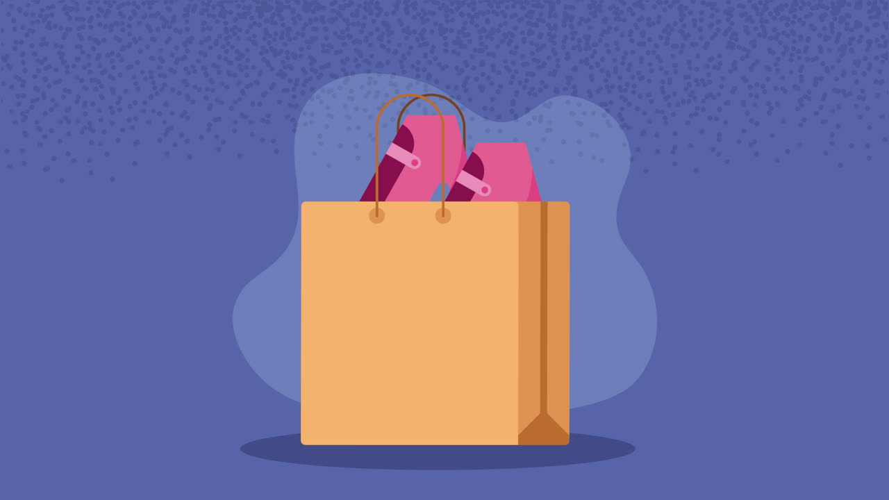 발 뒤꿈치 신발 애니메이션과 함께 쇼핑 가방