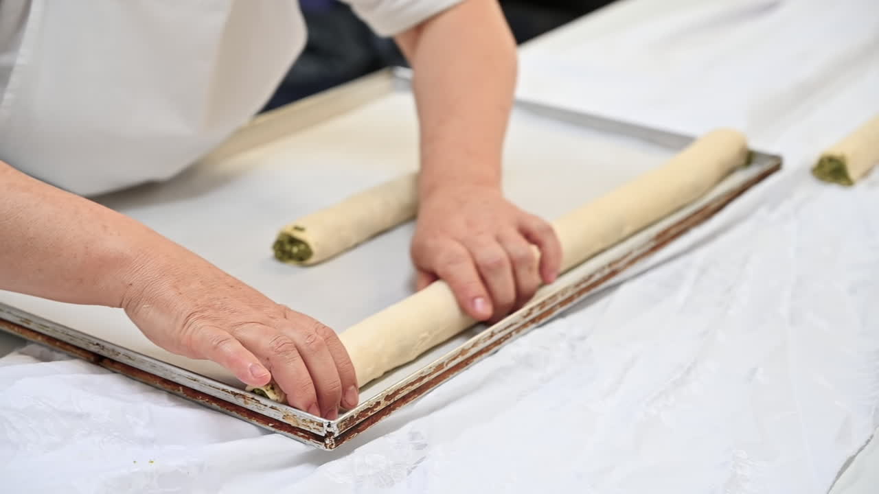 Cook placing rolled dough with filling for placints on a plate, Romanian and Moldovan traditional food. Slow motion