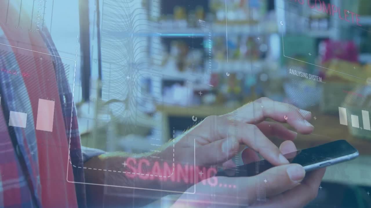 스마트폰을 사용하는 백인 남자의 손을 통해 다양한 데이터의 애니메이션