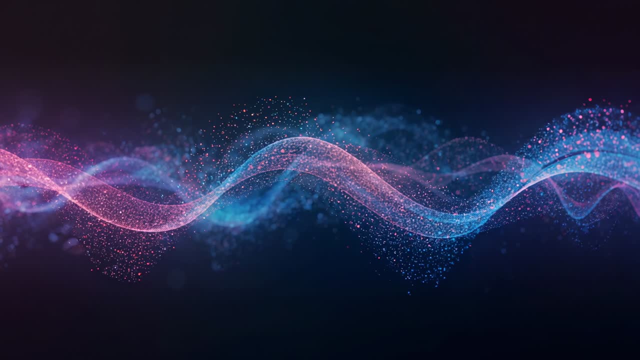 Emerging ribbon of pink-blue particles oscillating across digital void, shimmering wave motion