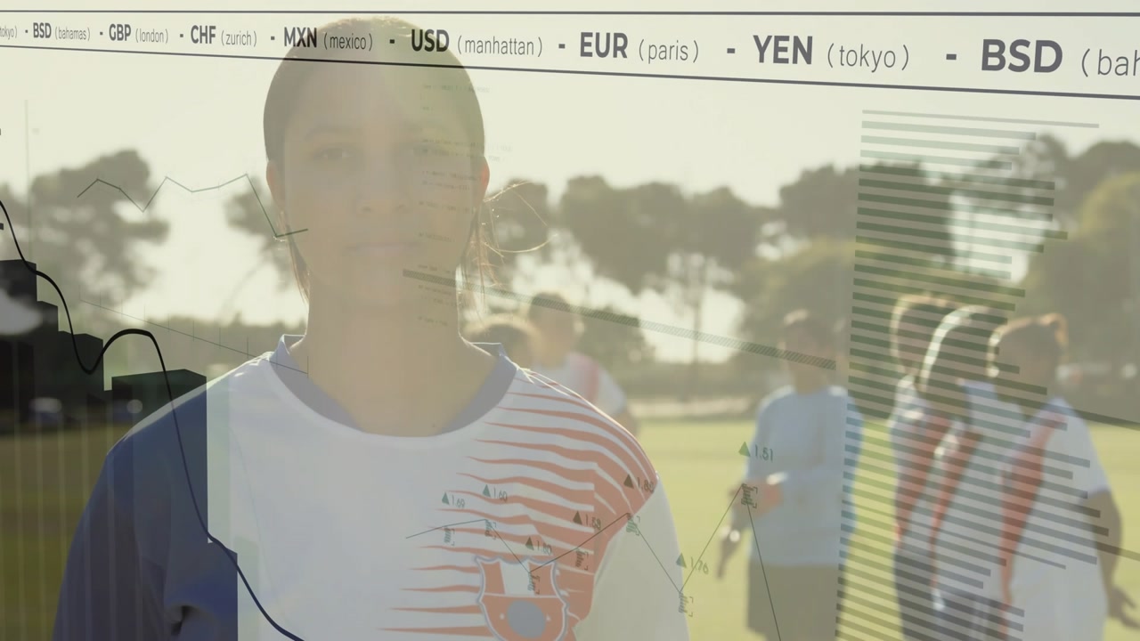 Female athlete standing on grass causing finance overlay tracking currency trends