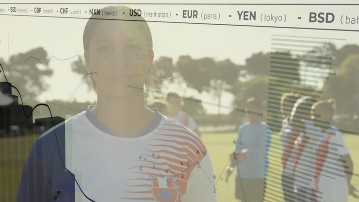 Female athlete standing on grass causing finance overlay tracking currency trends