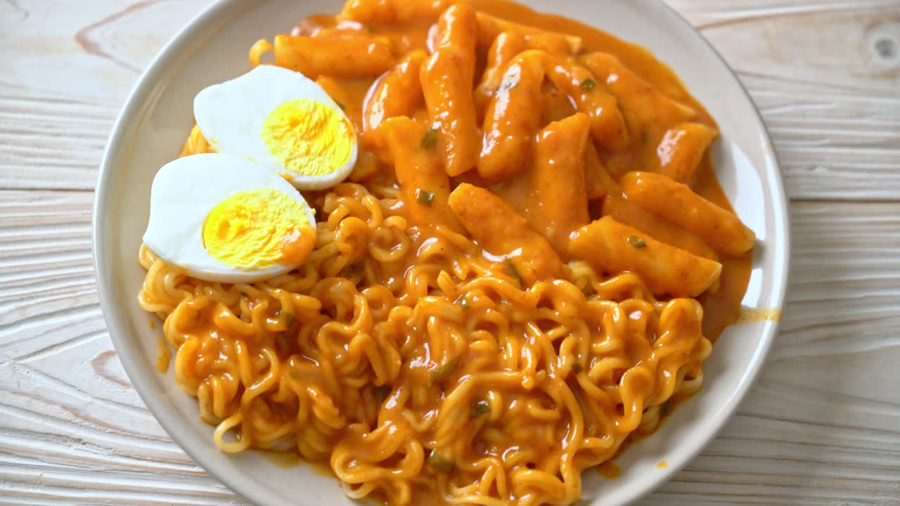 한국 매운 소스의 한국 인스턴트 국수와 떡볶이, 라복키 - 한국 음식 스타일