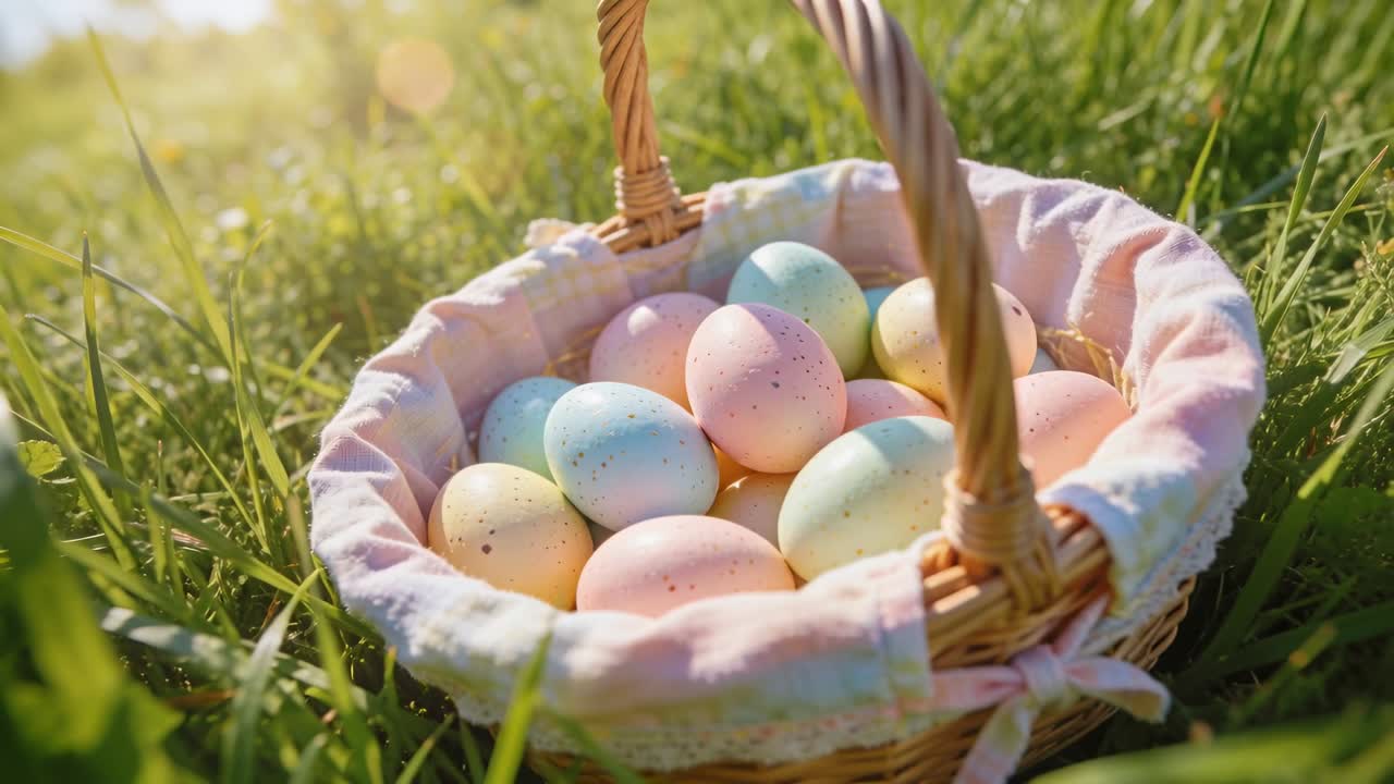Pulling back, camera revealing wicker basket with pastel eggs on liner in grass, revealing bokeh