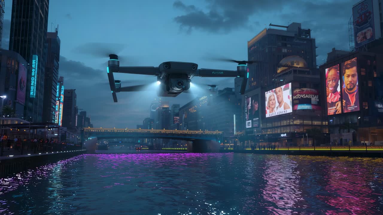 Hovering drone moving closer over river at dusk with spotlights on, creating neon glow