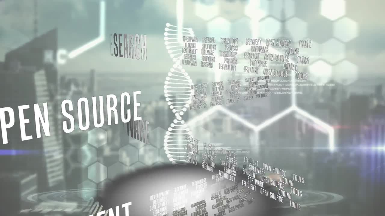 문헌의 애니메이션, dna 스트랜드, 데이터 처리, 도시 풍경.