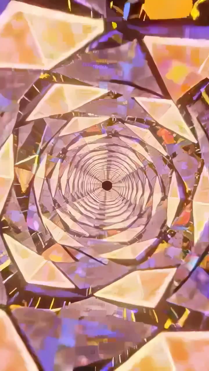 Vertical video: Loop starting kaleidoscope tunnel rotating spirals and mirrored facets in display