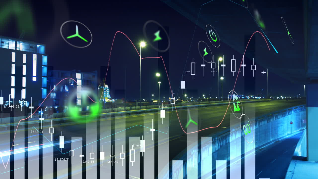 디지털 아이콘의 애니메이션과 도시 풍경에 대한 데이터 처리