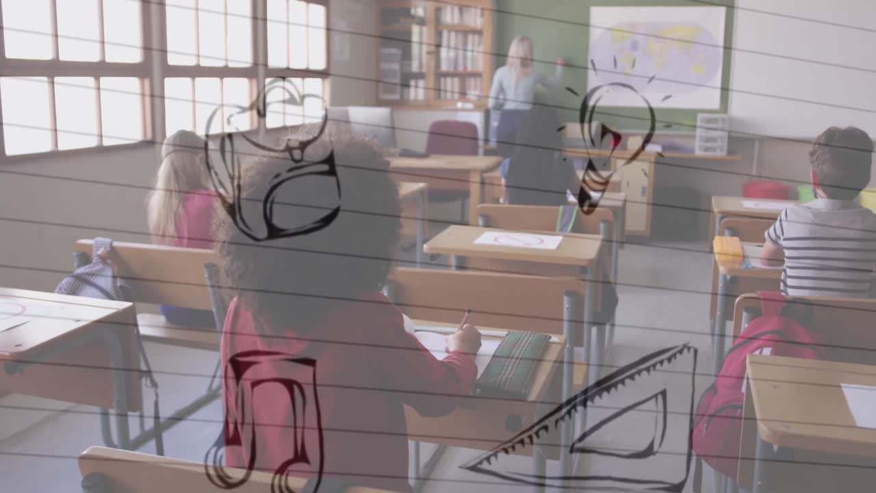 múltiples iconos de concepto escolar flotando contra el grupo de enseñanza de maestras de estudiantes en la escuela