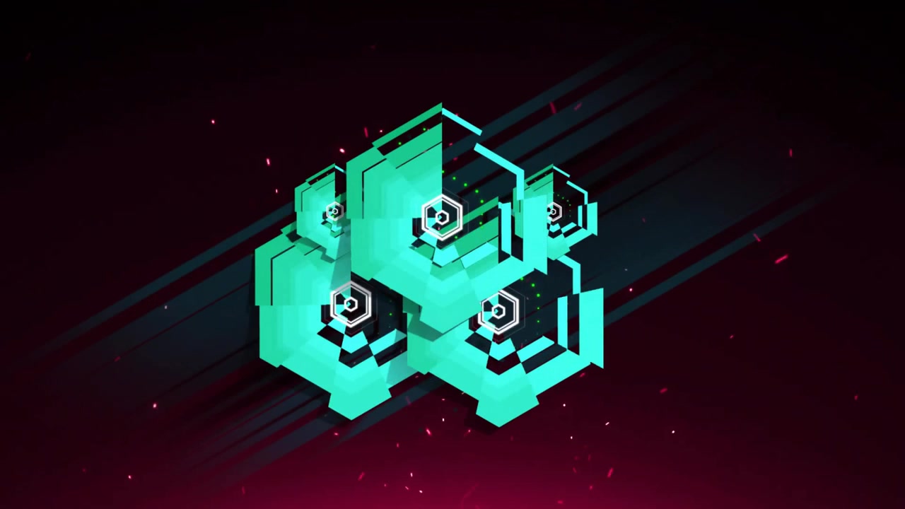 Animation of purple shapes over blue rotating hexagon and light particles on black background