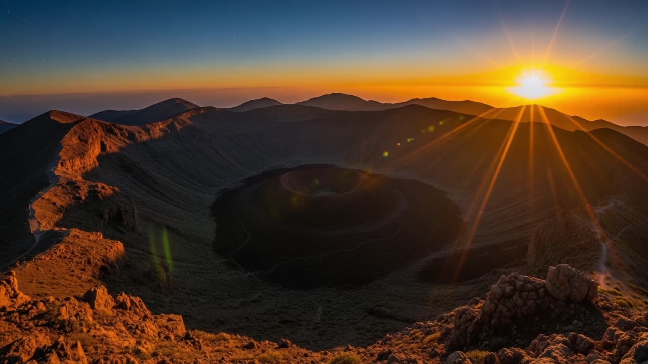 Breathtaking Sunrise Over Majestic Mountain Crater: A Stunning View of Nature's Splendor at Dawn in a Volcanic Landscape with Glowing Sun Rays