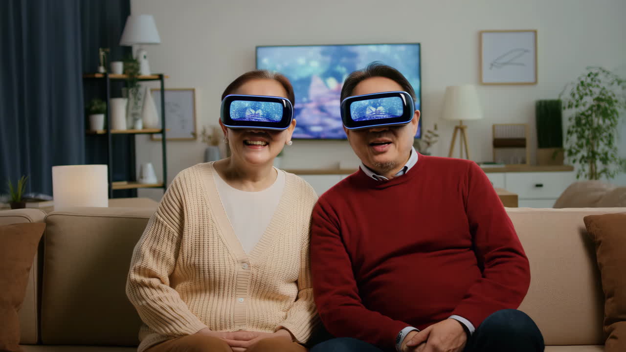 Coppia di anziani che si godono la realtà virtuale a casa