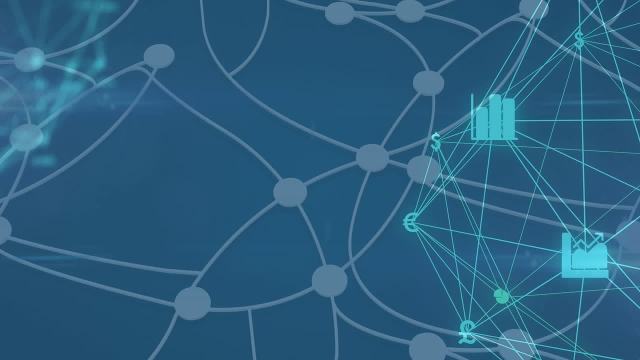 Animation of networks of connections with icons on blue background