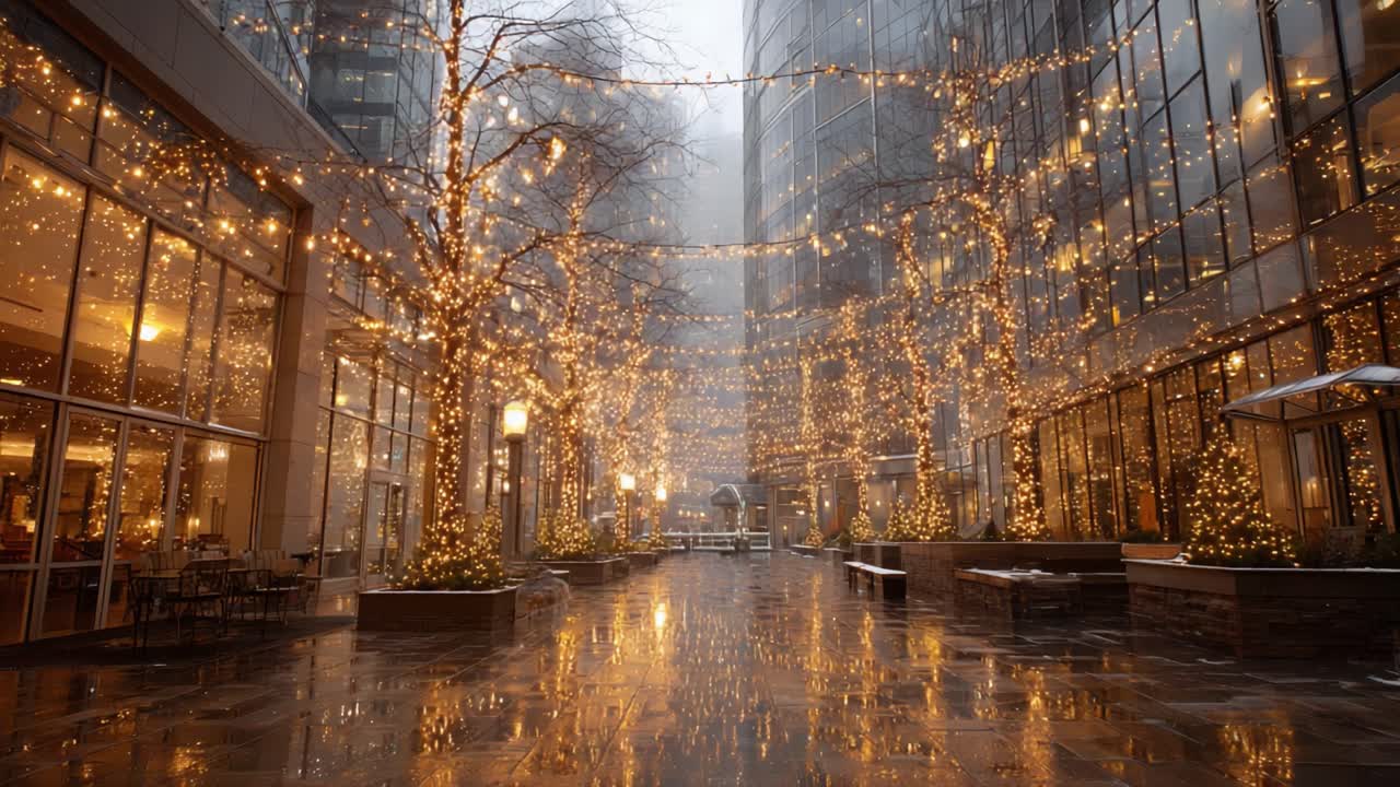 A Magical Winter Evening with Glimmering Lights and Reflections in an Urban Courtyard Embraced by the Charm of Holiday Decor and Soft Fog
