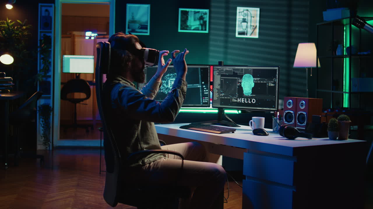 desarrollador usando auriculares vr en pánico después de que la ia sintiente obtenga autonomía