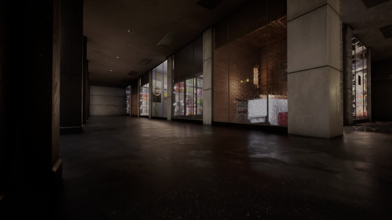 un callejón oscuro con ventanas de tiendas