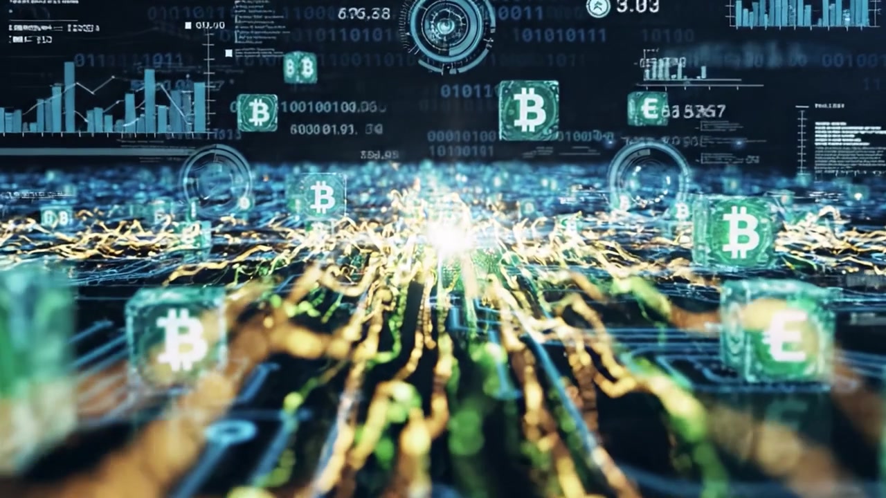 Un viaggio accattivante attraverso un paesaggio digitale che raffigura circuiti riccamente dettagliati intrecciati con simboli di criptovaluta, evidenziando la fusione di tecnologia e finanza