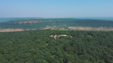 aerial drone shot of a temple at dense forested vindhya hill of bara shivpuri in madhya pradesh india