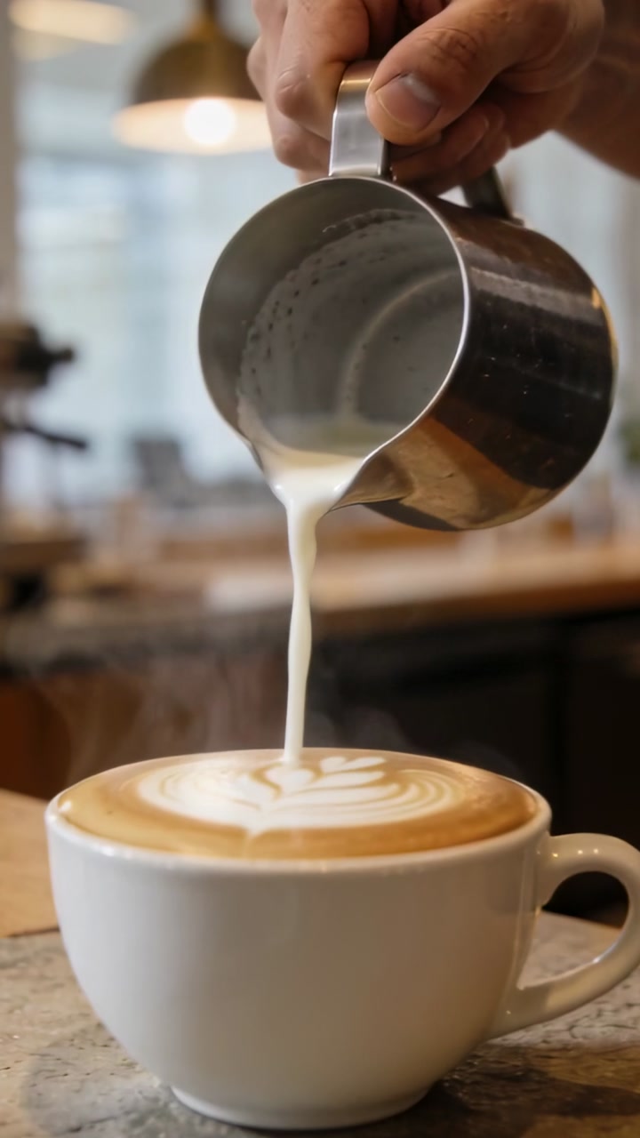 Vertical video: Starting pour, barista pouring milk from pitcher into cup at cafe, forming rosetta