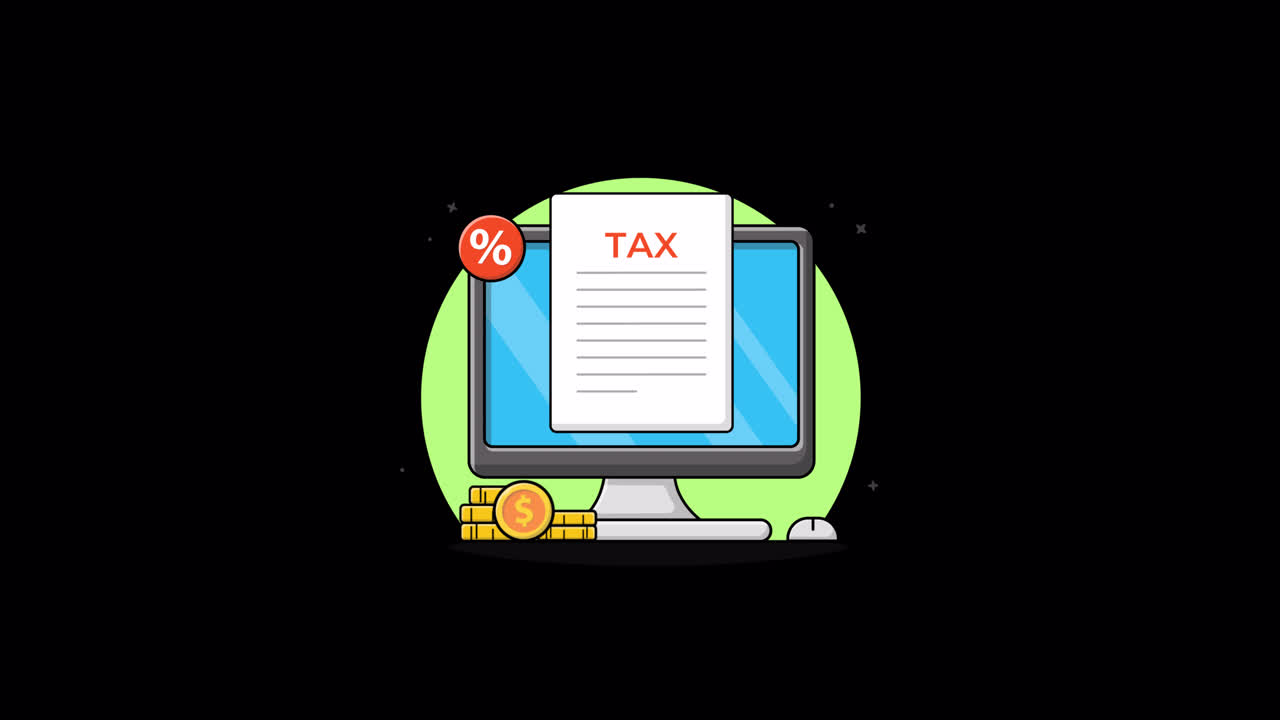 Computer animato con documento fiscale online e simboli finanziari.