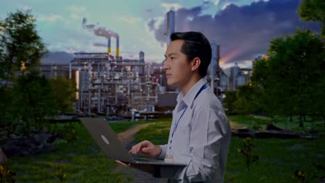 Side View Of An Asian Male Professional Worker Standing In Front Of Oil Refinery, Observes By Looking Up Before He Come To Concentrating On The Laptop And Keep On Typing