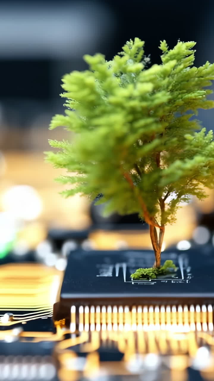 Tech blends with a tiny tree. A miniature tree is placed on a circuit board, symbolizing the fusion of technology and nature in a creative display.