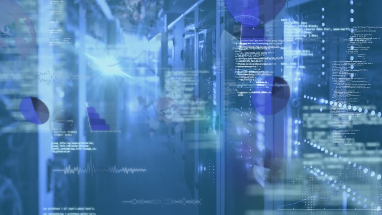 animación de la interfaz digital y el procesamiento de datos en pantallas sobre la sala de servidores