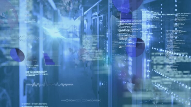Animation of digital interface and data processing on screens over server room