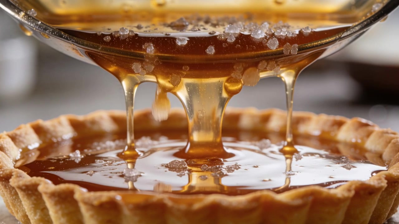Piatto di vetro inclinato che versa ripieno di caramello caldo in una base di crostata precotta sul piano di lavoro, con sale marino.
