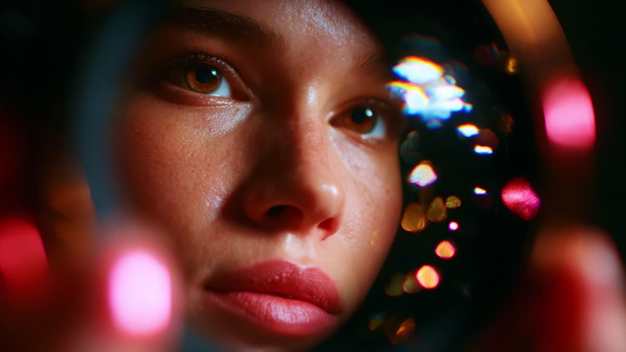 A close-up view of a woman's face through a reflective surface, showcasing her captivating eyes and smooth skin with colorful bokeh lights in the background, illustrating the art of portrait photography and light effects
